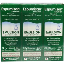 Drei grüne Verpackungen Espumisan Emulsion gegen Blähungen und Koliken.