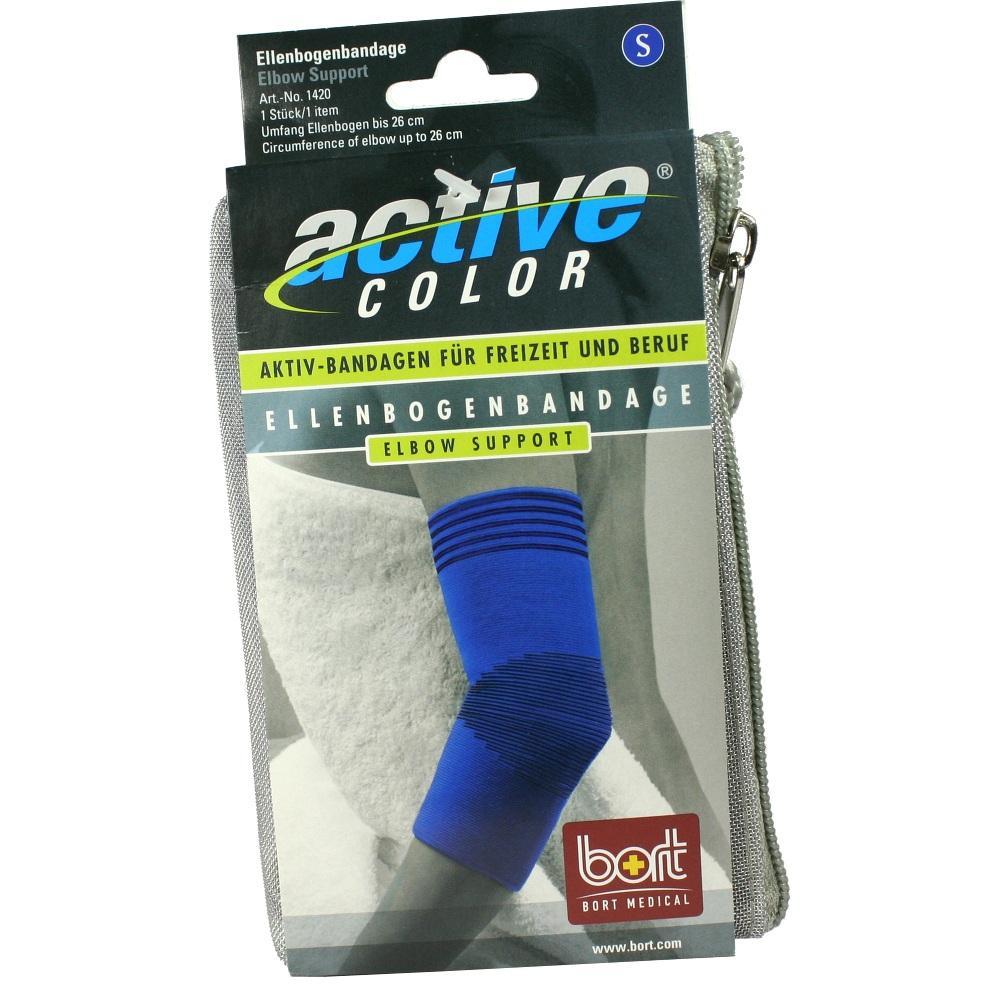 Verpackung einer blauen Ellenbogenbandage von "active color" für Sport und Freizeit.
