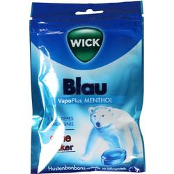 Eine blaue Tüte Wick-Hustenbonbons mit Eisbärenbild.